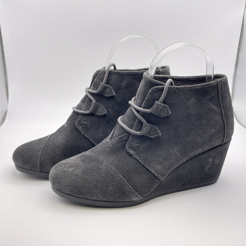 Toms Women Boot 8 Dark‎ Gray Bootie Tie Wedge Round Toe Solid Lace Up Charcoal